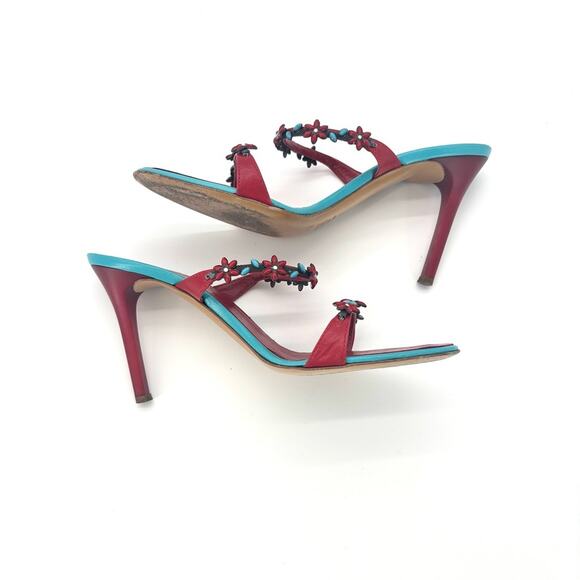 Vintage Giuseppe Zanotti Red Turquoise Floral Embellished Mules Sandals  37 - Picture 8 of 12